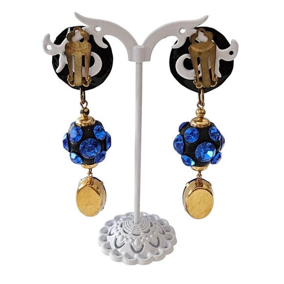 Vintage Blue Clip-On Rhinestone Ball Statement Dangle Earrings - Picture 4 of 8